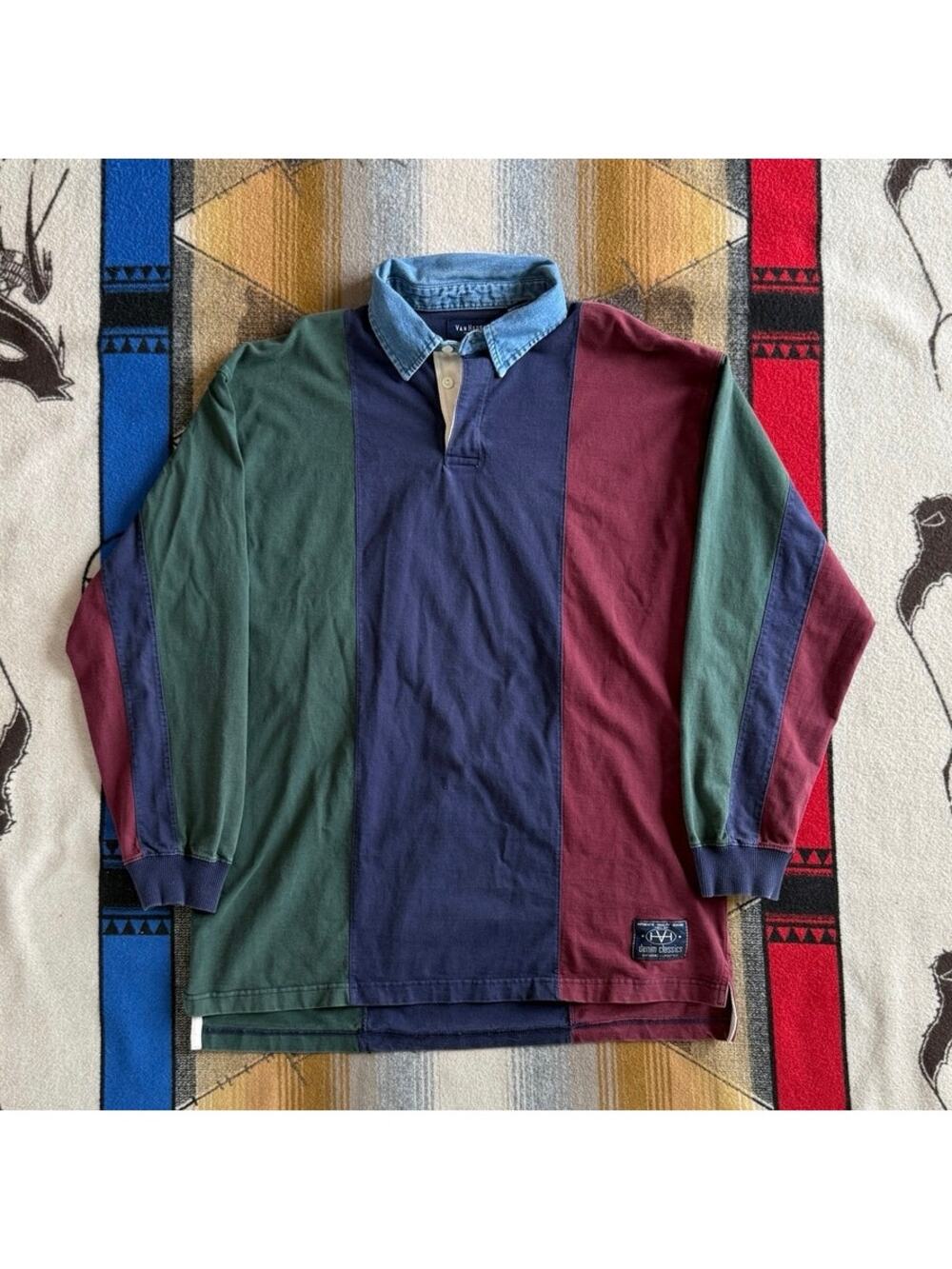 Vintage Men’s Van Heusen Rugby Shirt Color Block Striped Size Medium Long Sleeve